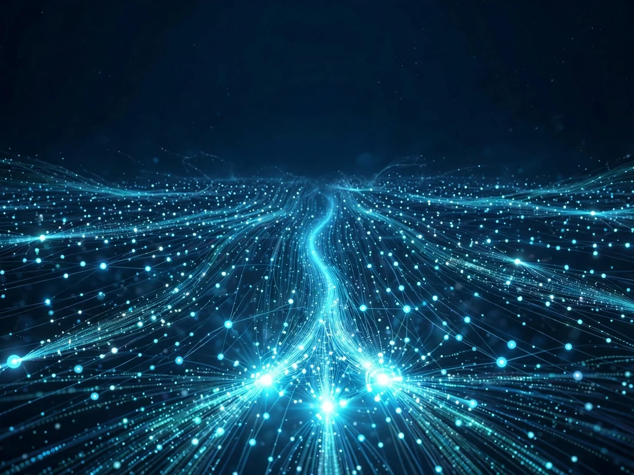 Cover art for The 75-to-5 — a wide field of data nodes converging into a few bright cores of light