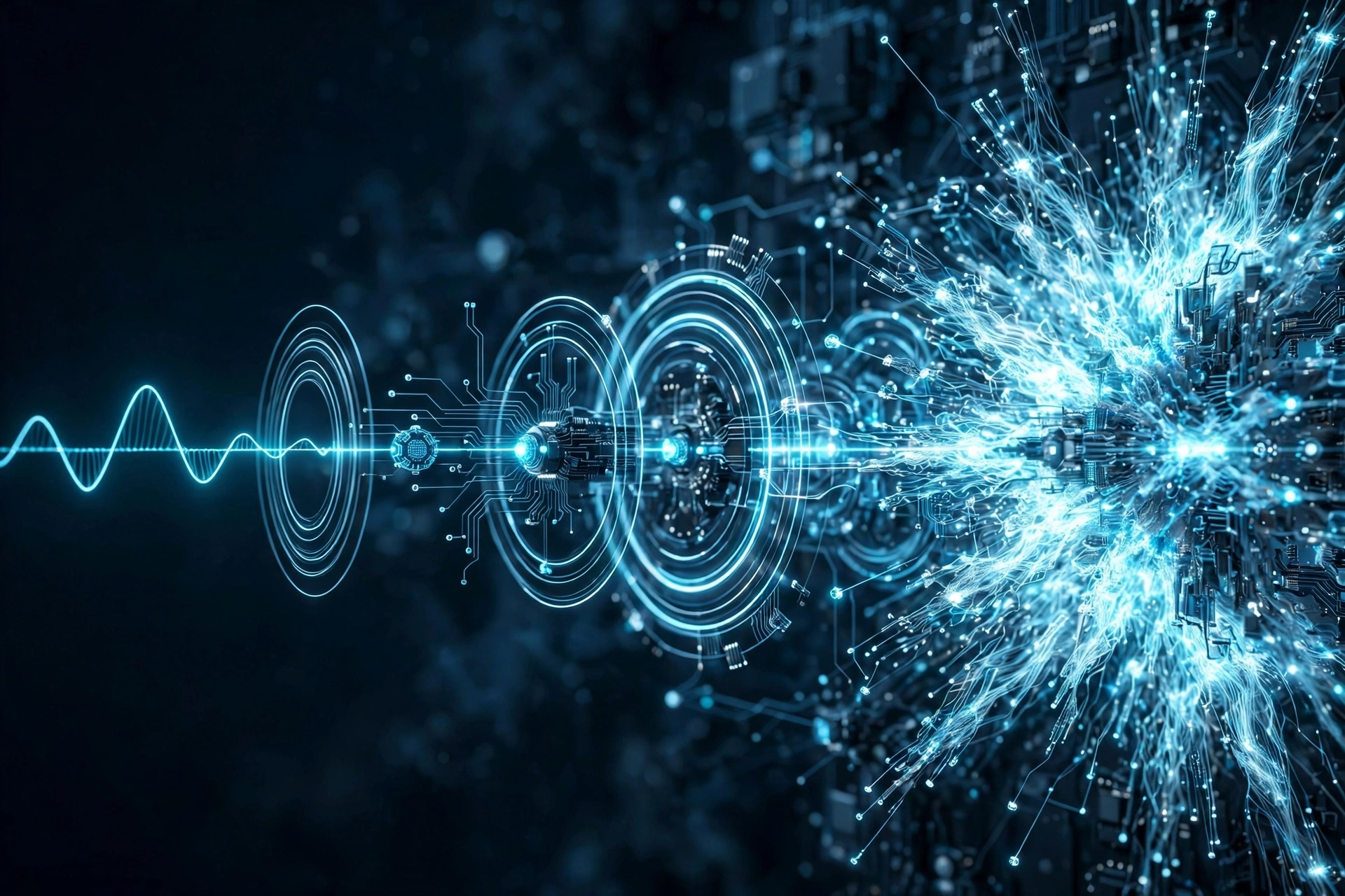 Cover art for Amplification Is Not Intelligence — a clean signal of light passing through rings of circuitry and erupting into a burst of amplified noise