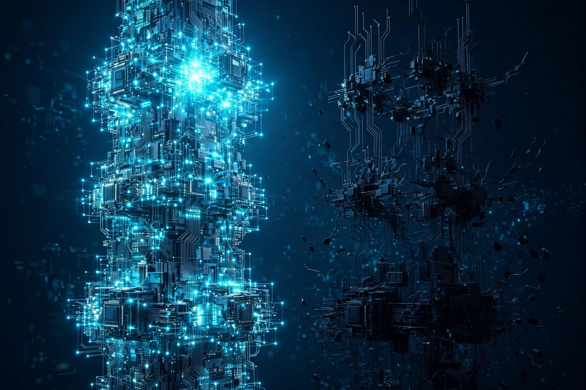 Cover art for Productive Versus Dependent — a bright tower of circuitry standing beside its hollow, darkened twin