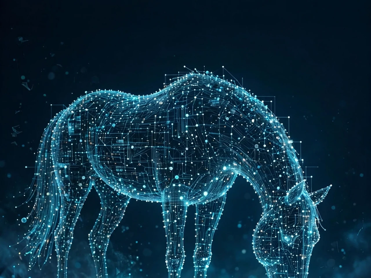 Cover art for You Can Lead a Horse to Water — a horse formed of data nodes and light, lowering its head to a glowing pool