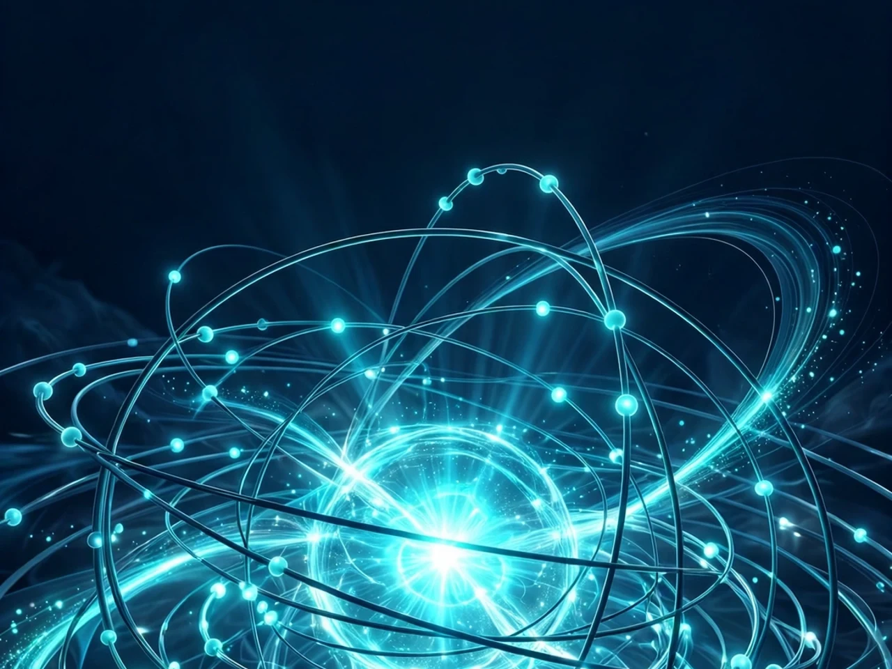Cover art for Muse-ical Chairs — orbital rings and nodes of light circling a glowing core