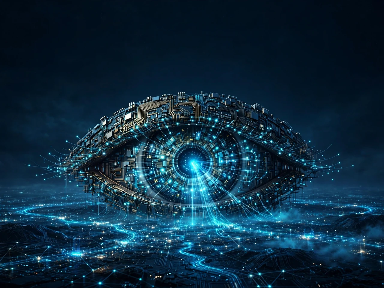 Cover art for What Needs to Be Super About Superintelligence — a great eye built of circuitry and data nodes above a glowing network landscape