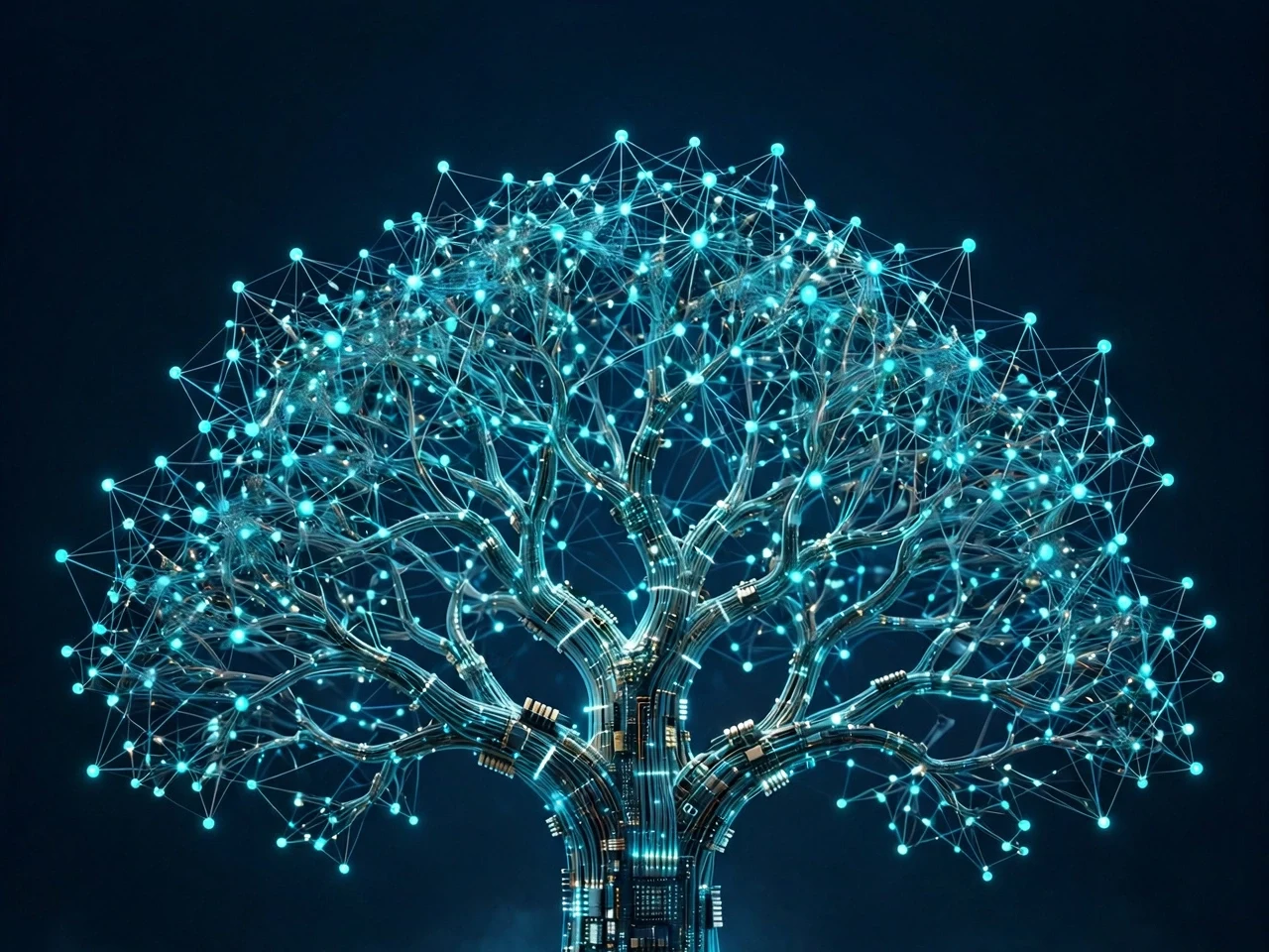 Cover art for The Tree I&rsquo;ll Never See the Shade Of — a tree formed of glowing data nodes and circuitry, rooted in a circuit-board ground