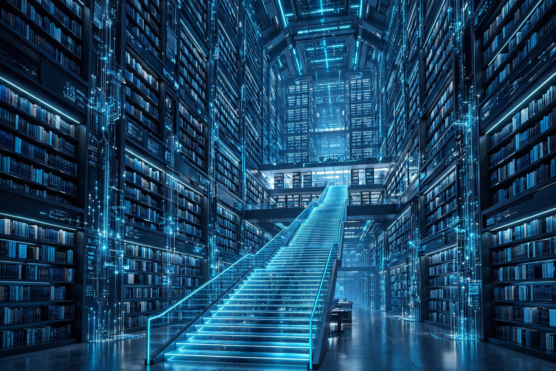 A vast digital library in deep blue — towering walls of books lit by streams of data, with a glowing staircase rising between the shelves